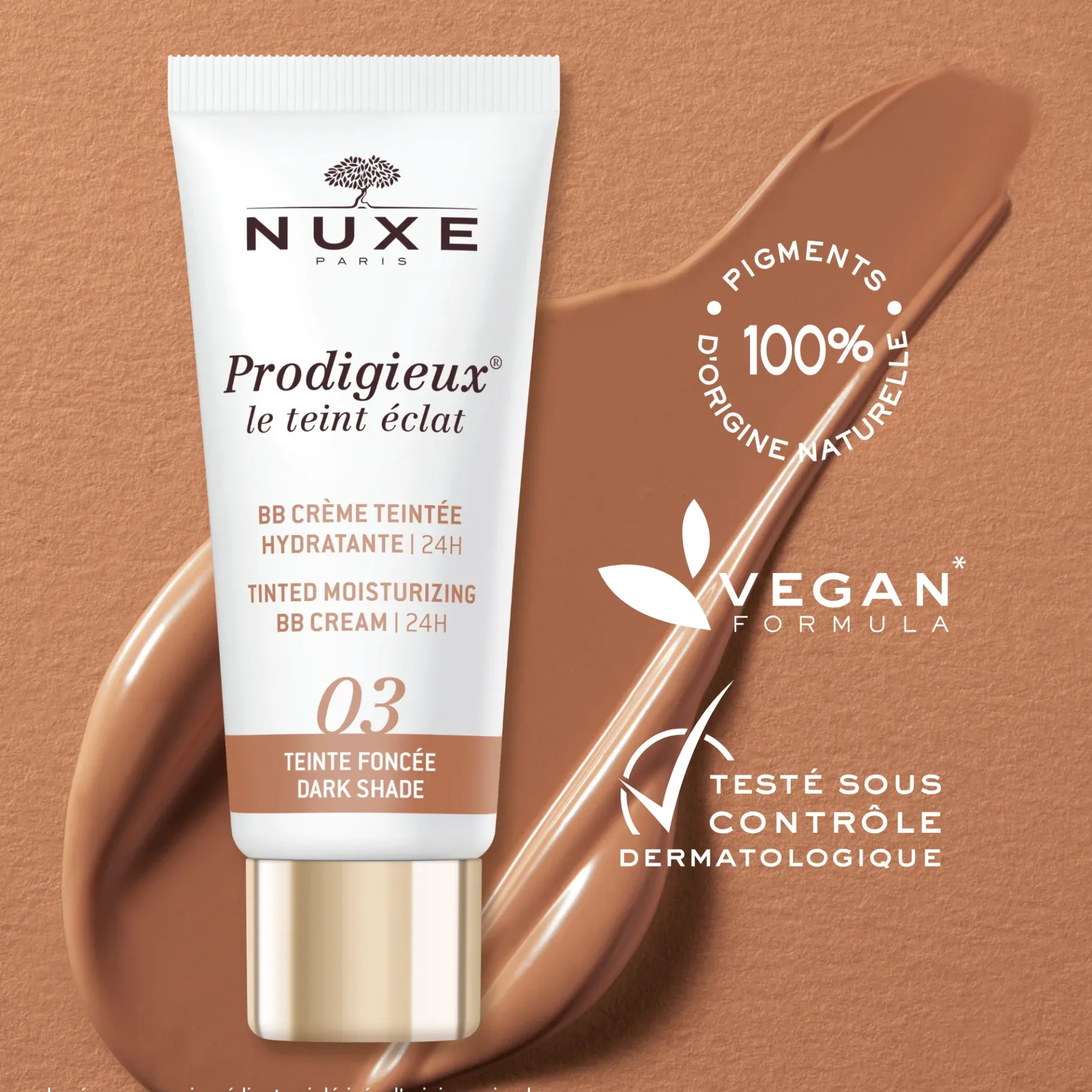 Teint Unifié & Pores Resserreés|Huiles 100% Végétales|NUXE BB Crème Teintée Hydratante - Teinte Foncée