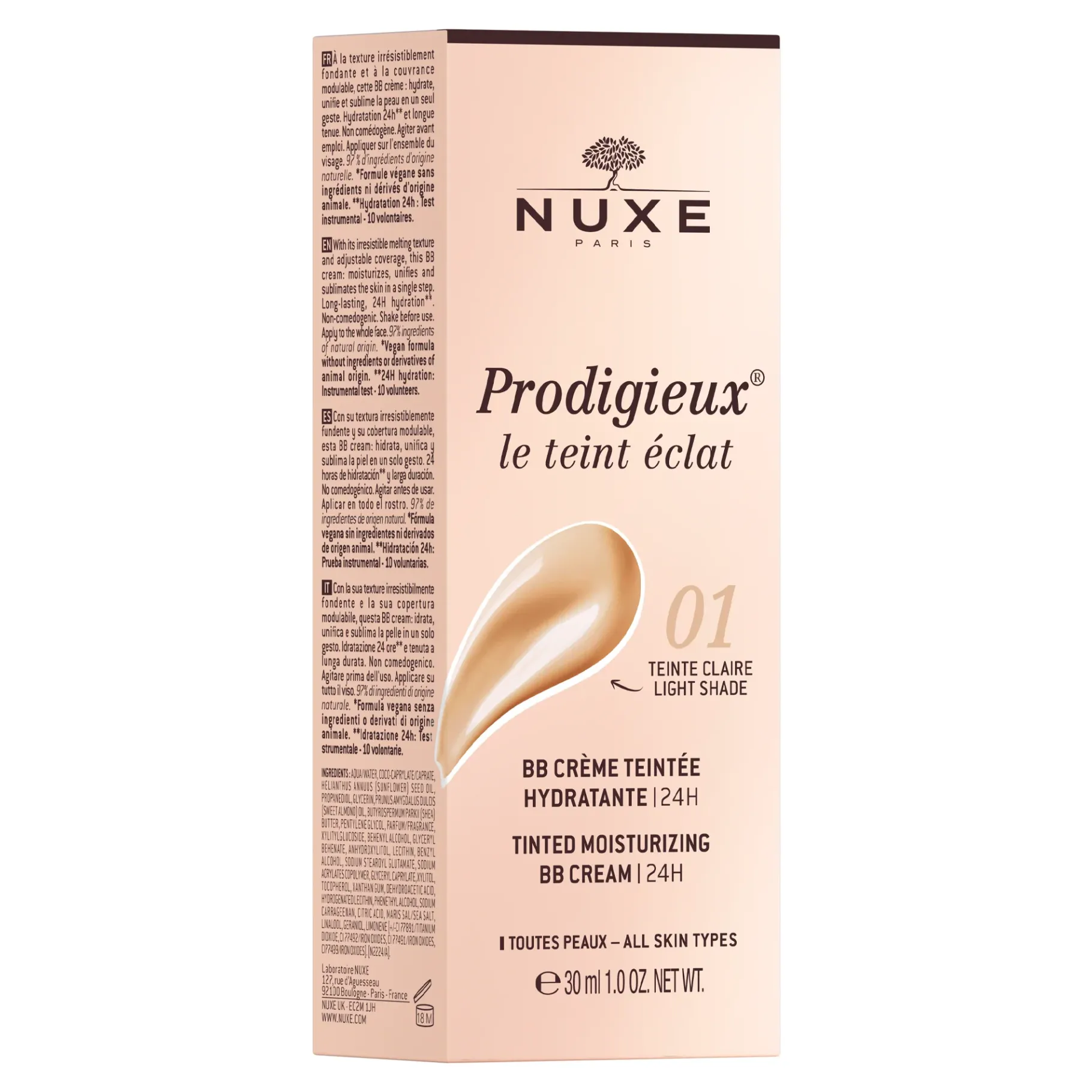 Huiles 100% Végétales|Teint Unifié & Pores Resserreés|NUXE BB Crème Teintée Hydratante - Teinte Claire